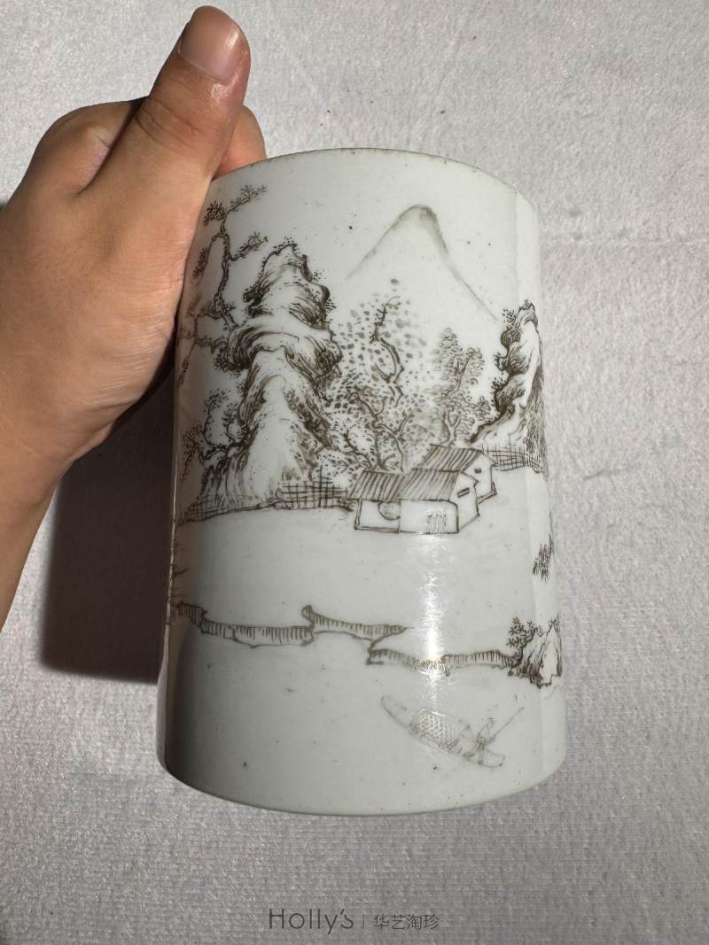 清康熙 墨彩山水人物图笔筒 - 图17