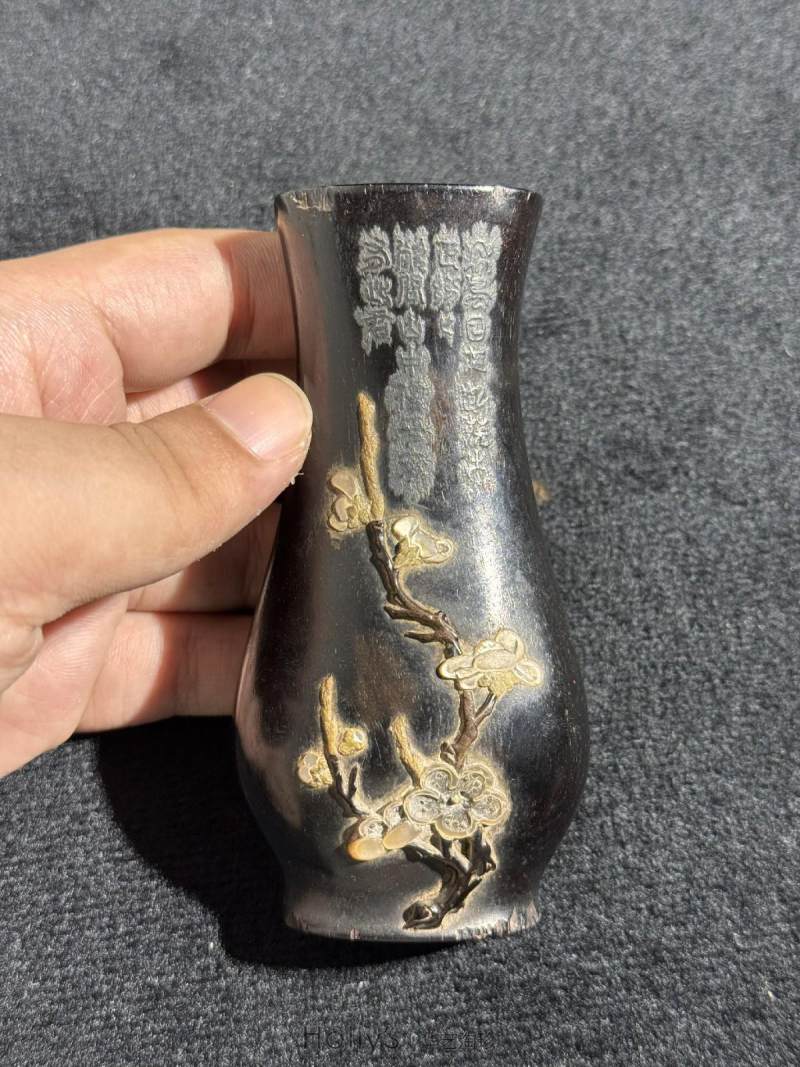 明 朱华制紫檀嵌百宝喜上眉梢诗文瓶 - 图17