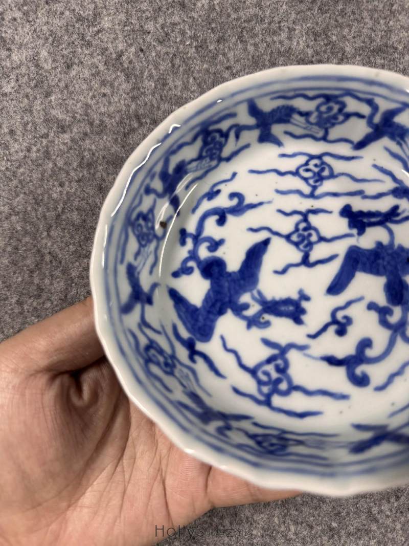 明嘉靖 青花双凤云鹤海棠洗 （一对） - 图35