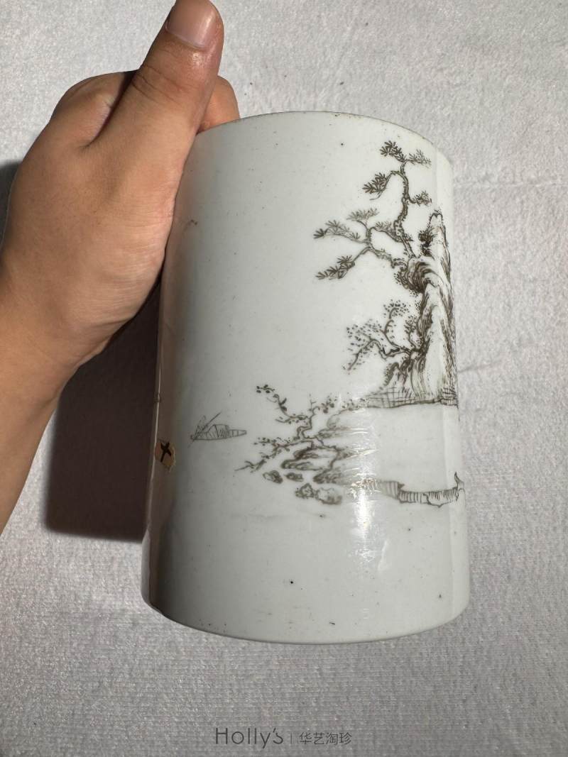 清康熙 墨彩山水人物图笔筒 - 图18