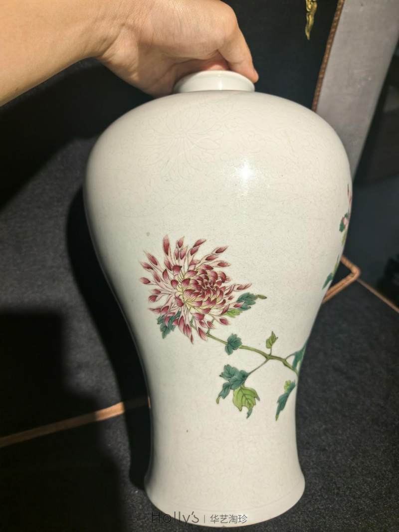 清雍正 白釉暗刻缠枝莲粉彩萱寿延龄图梅瓶 - 图42