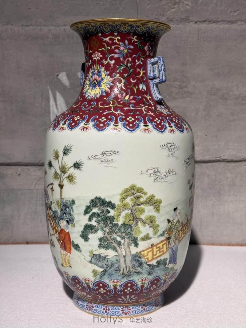 清嘉庆 洋红地洋彩缠枝宝相花吉庆如意婴戏图螭耳尊 - 图32