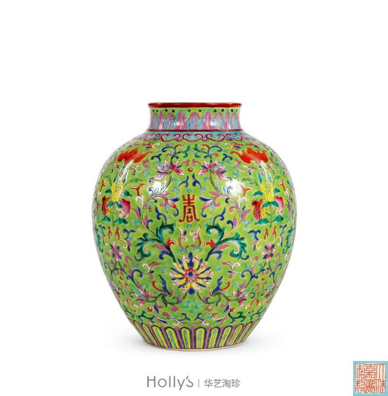 清嘉庆 绿地粉彩福寿纹太白罐 - 图12