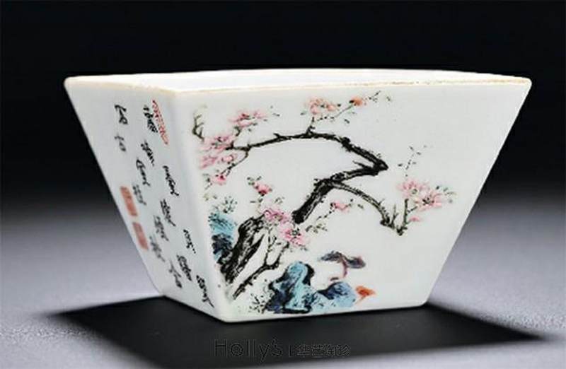 清乾隆 唐英制粉彩灵仙祝寿诗文方斗杯 - 图10