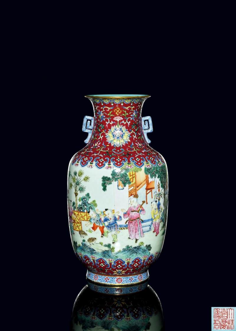 清嘉庆 洋红地洋彩缠枝宝相花吉庆如意婴戏图螭耳尊 - 图19