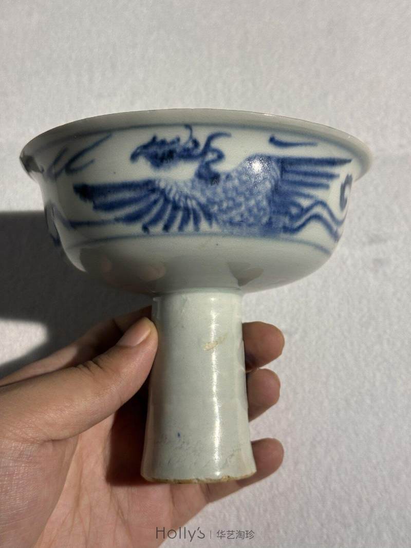 元 青花内堆塑龙纹外凤纹高足杯 - 图33