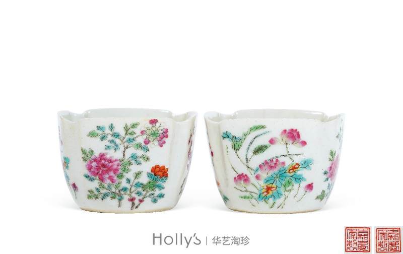 清嘉庆 粉彩四季花卉倭角杯 （一对） - 图11