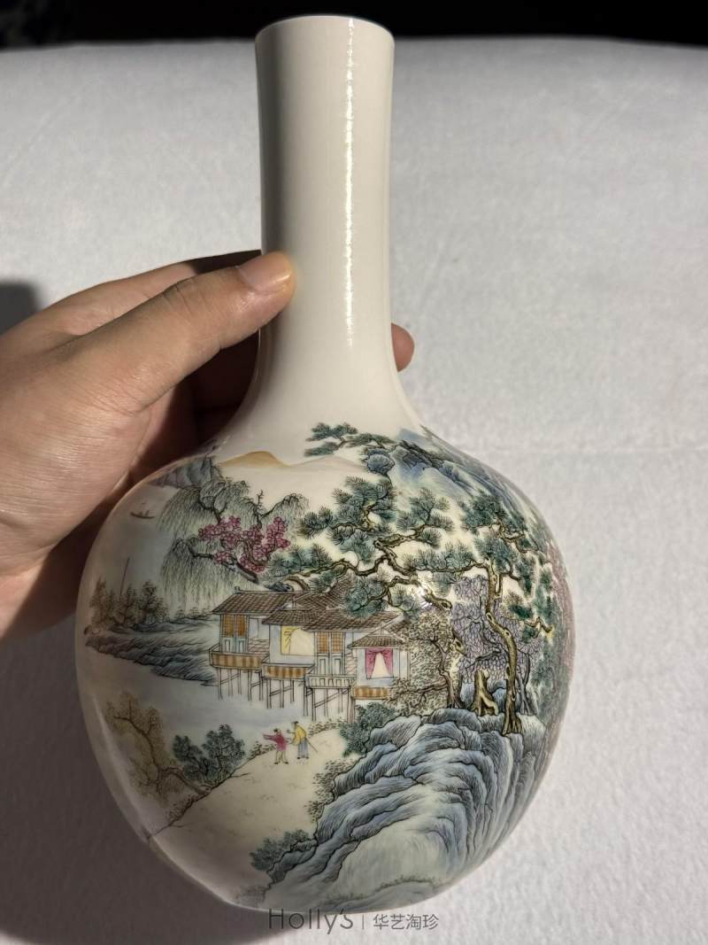 民国 粉彩山水人物天球瓶 - 图17