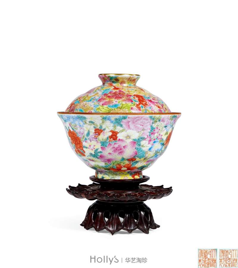 清乾隆 洋彩百花不落地盖碗（配座） - 图11