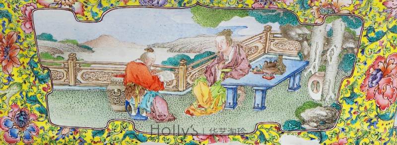 清雍正 「唐金堂」风格铜胎画珐琅开光高士山水图花盆 - 图12
