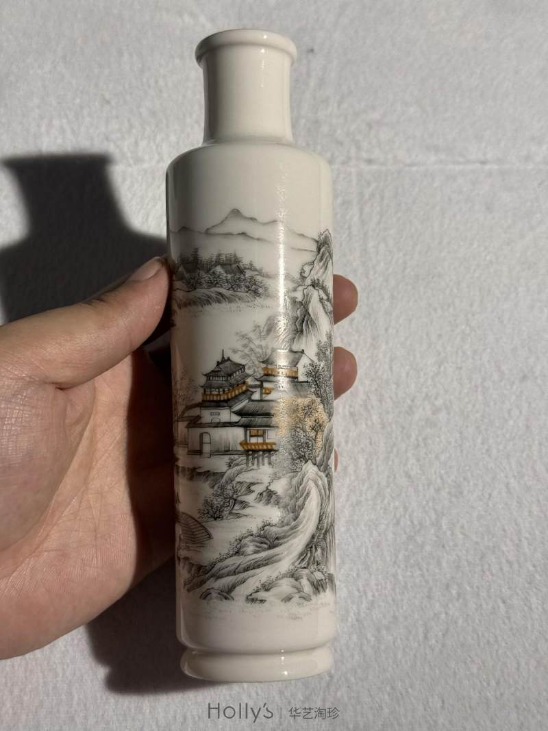 民国 墨彩山水楼阁人物纸槌瓶 - 图17