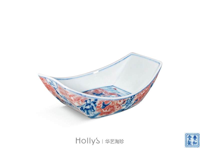 清乾隆 青花釉里红八仙庆寿图茶船 - 图14