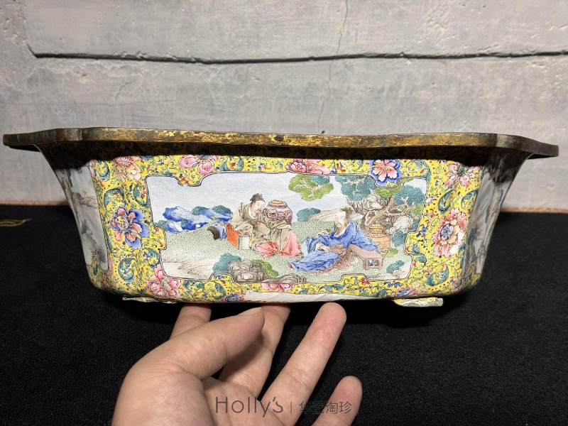 清雍正 「唐金堂」风格铜胎画珐琅开光高士山水图花盆 - 图14
