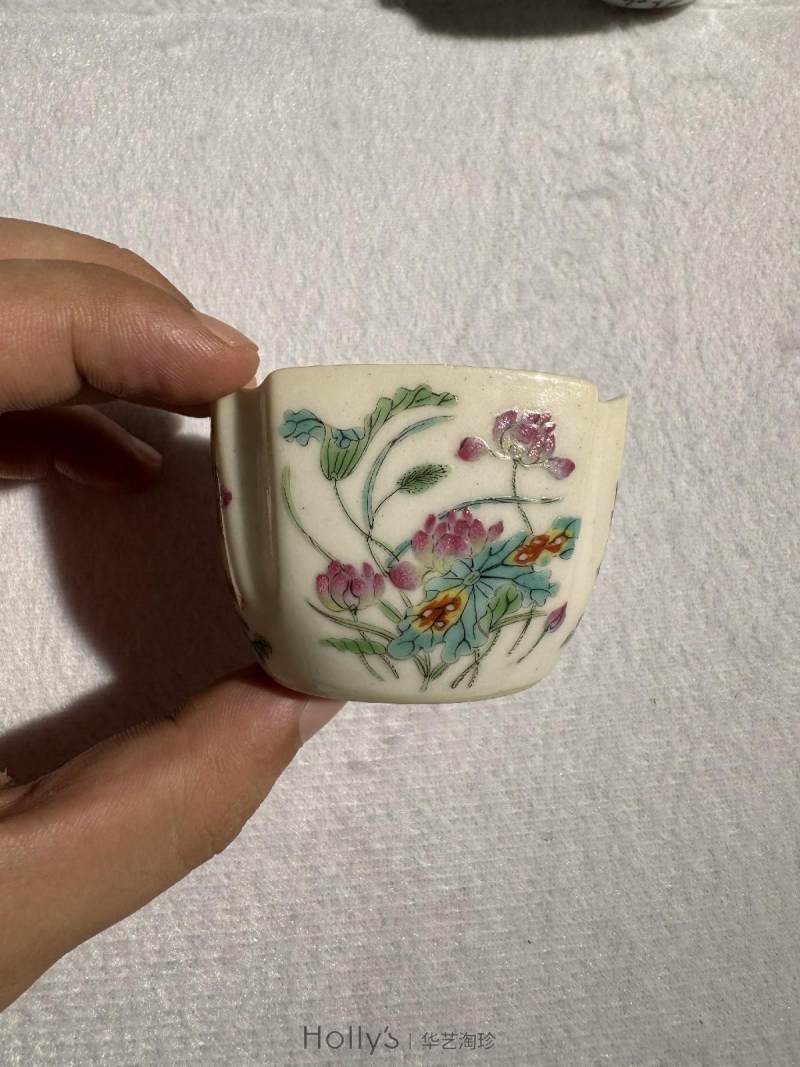 清嘉庆 粉彩四季花卉倭角杯 （一对） - 图15