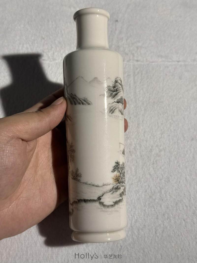 民国 墨彩山水楼阁人物纸槌瓶 - 图20