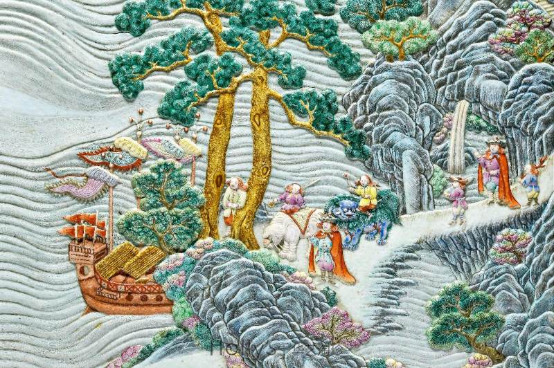 清乾隆 御制洋彩雕瓷「万国来朝」山高水长大挂屏 - 图38