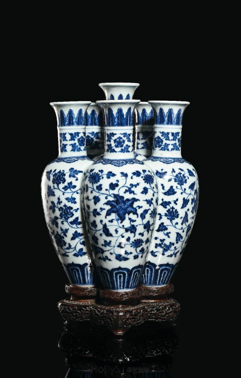 清乾隆 唐窑青花缠枝花卉纹六孔瓶（配座） - 图39