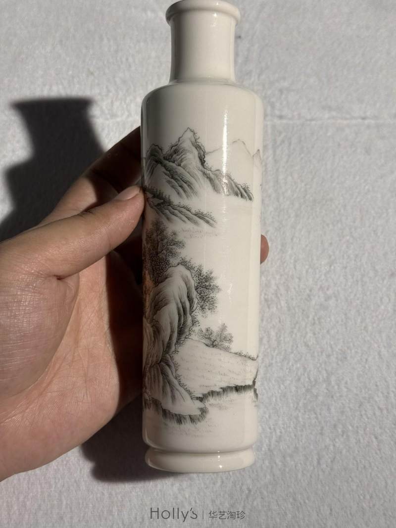 民国 墨彩山水楼阁人物纸槌瓶 - 图21