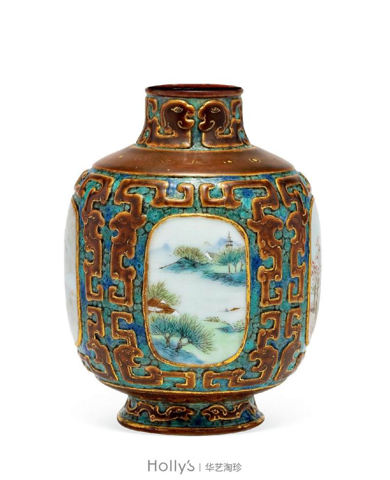 清乾隆 唐窑仿古铜釉描金四开光粉彩四季山水纹小尊 - 图35