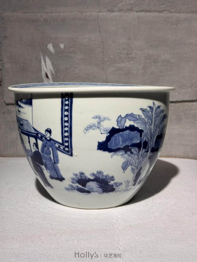 清康熙 青花人物纹案缸 - 图15