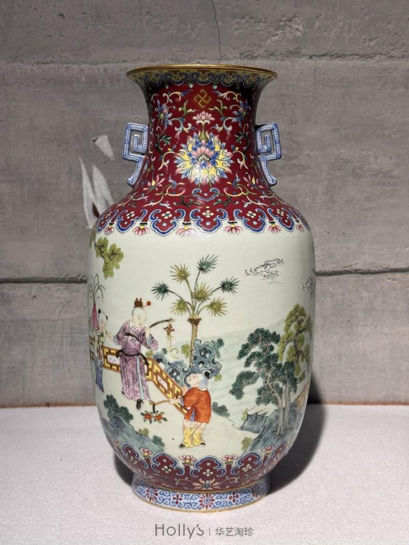 清嘉庆 洋红地洋彩缠枝宝相花吉庆如意婴戏图螭耳尊 - 图27