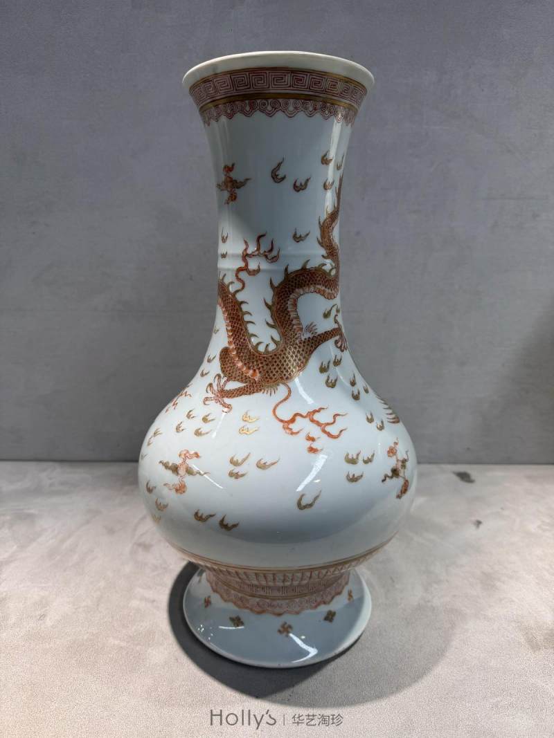 清康熙 矾红描金龙凤呈祥纹琵琶尊 - 图17
