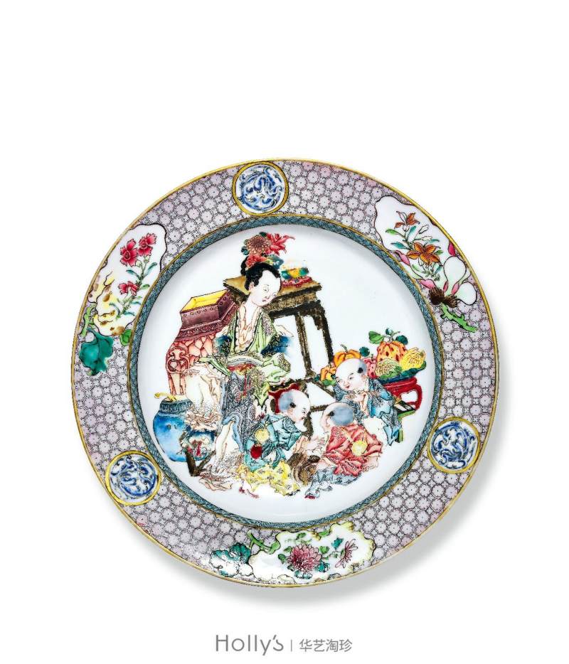 清雍正 广珐琅画仕女婴戏猜拳图折腰盘（唐金堂绘） - 图15