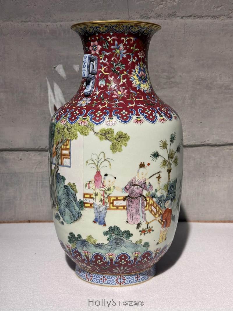 清嘉庆 洋红地洋彩缠枝宝相花吉庆如意婴戏图螭耳尊 - 图28