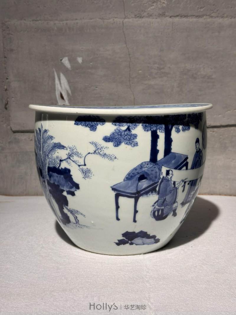 清康熙 青花人物纹案缸 - 图17