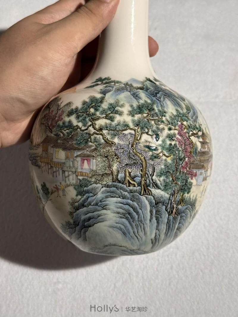 民国 粉彩山水人物天球瓶 - 图24