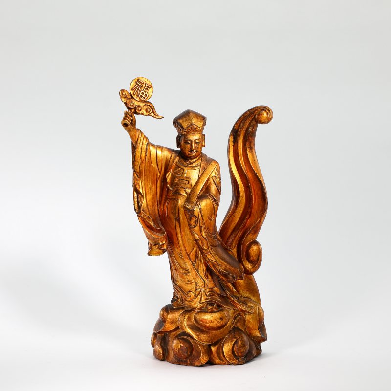 明 木雕漆金天官赐福立像