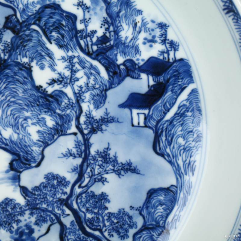 清康熙 披麻皴山水纹盘 - 图3