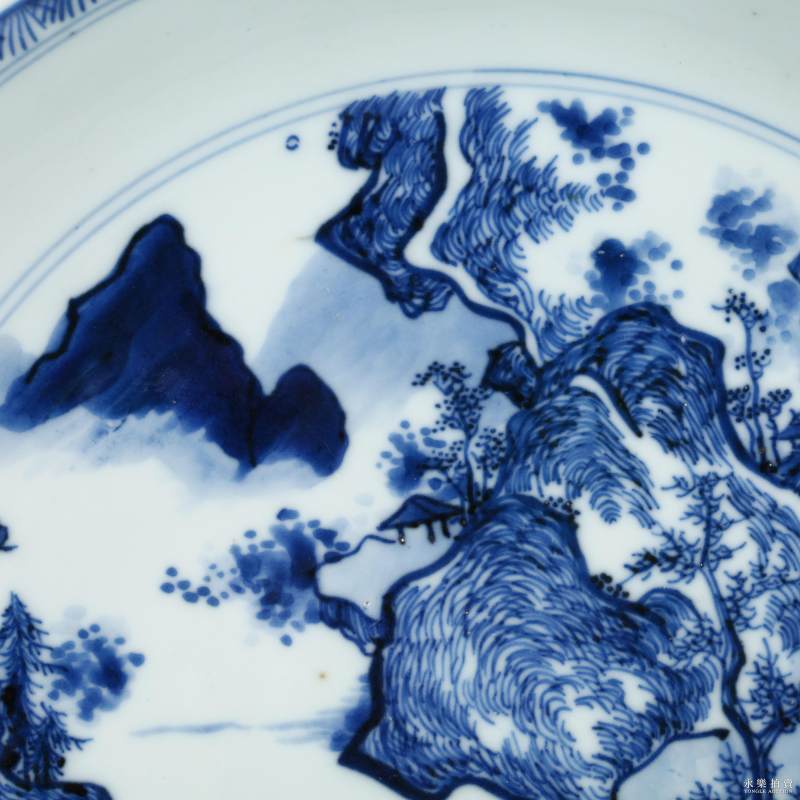 清康熙 披麻皴山水纹盘 - 图4