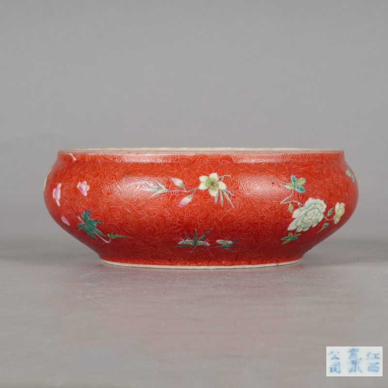 清晚期 胭脂红轧道粉彩花卉图镗锣洗 - 图1