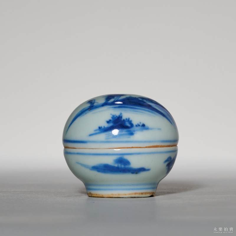 清康熙 青花山水纹印泥盒