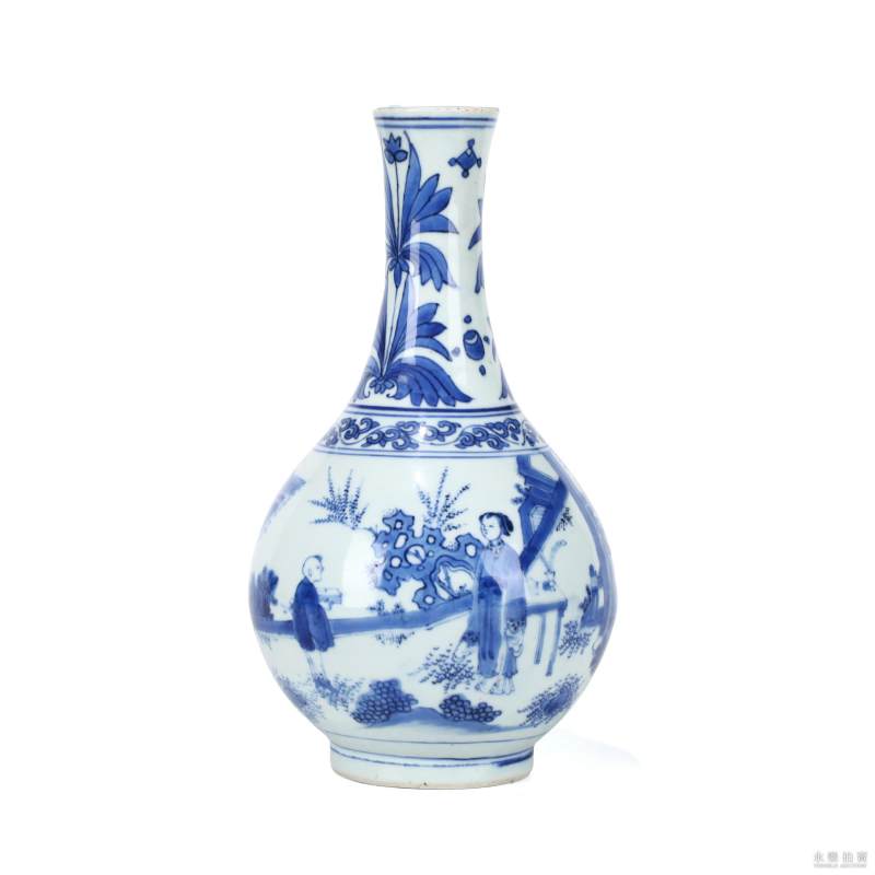 明崇祯 青花通景故事人物长颈瓶 - 图1