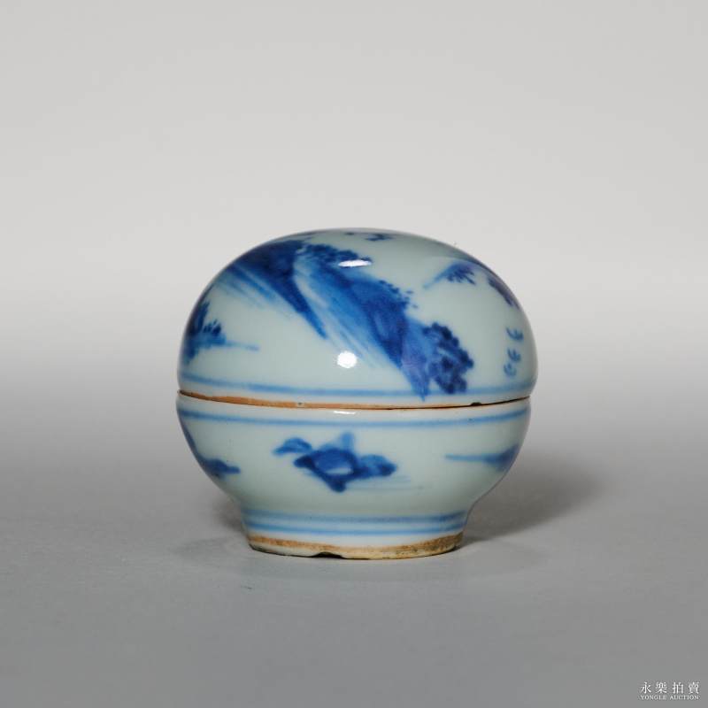 清康熙 青花山水纹印泥盒 - 图2
