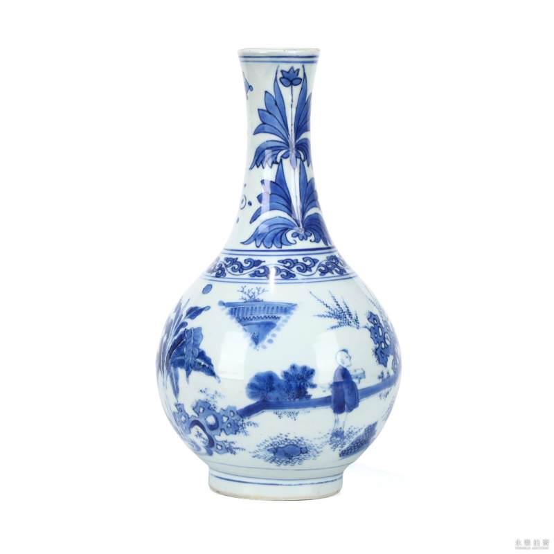 明崇祯 青花通景故事人物长颈瓶 - 图2