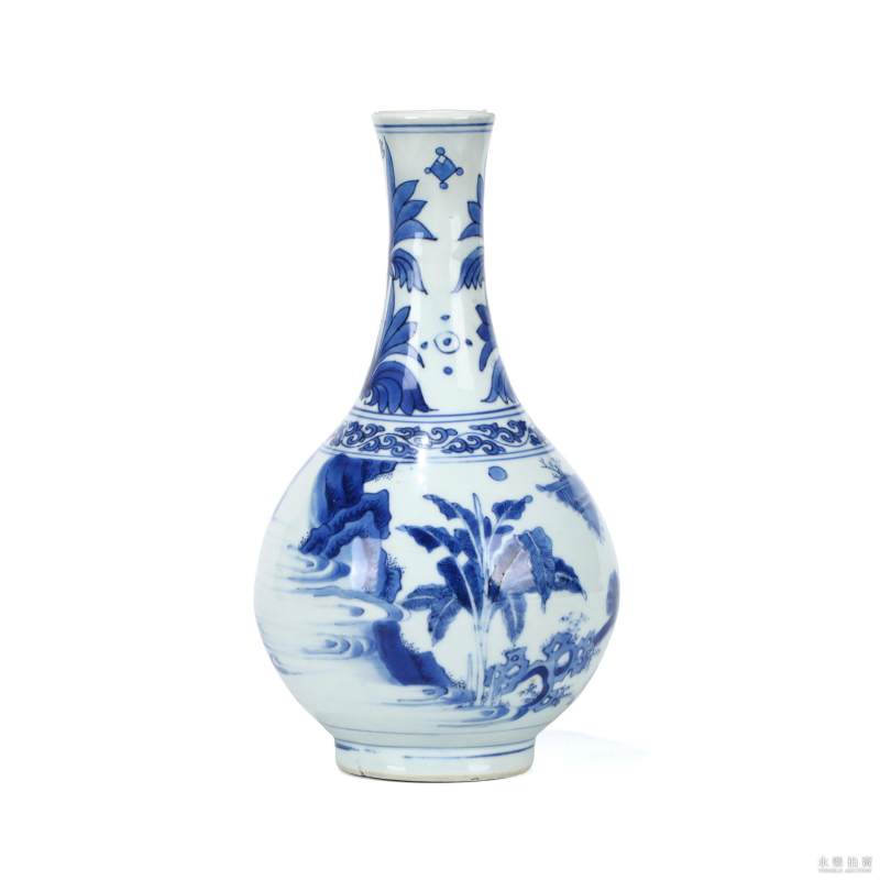 明崇祯 青花通景故事人物长颈瓶 - 图3
