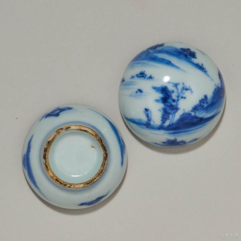 清康熙 青花山水纹印泥盒 - 图5
