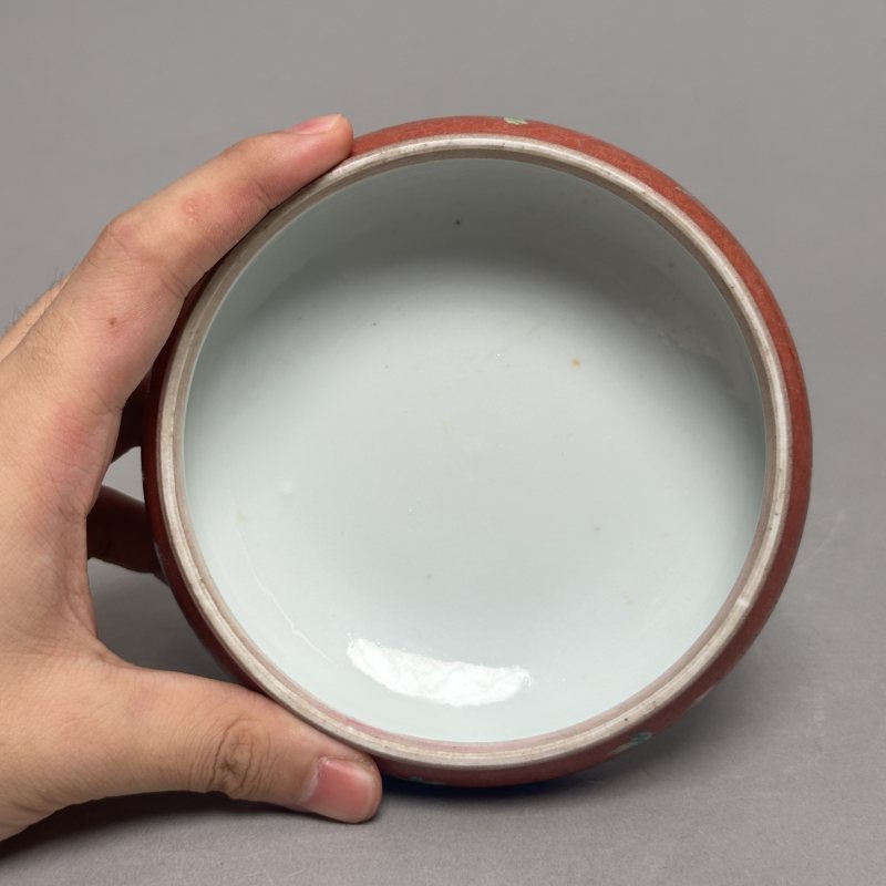 清晚期 胭脂红轧道粉彩花卉图镗锣洗 - 图6