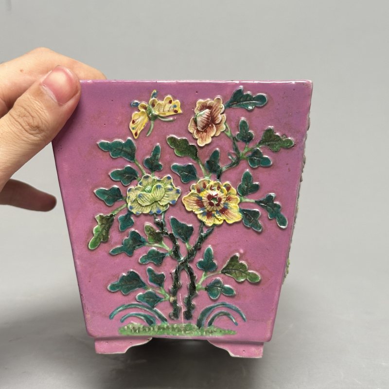 民国 粉彩贴塑花卉纹花盆 - 图8