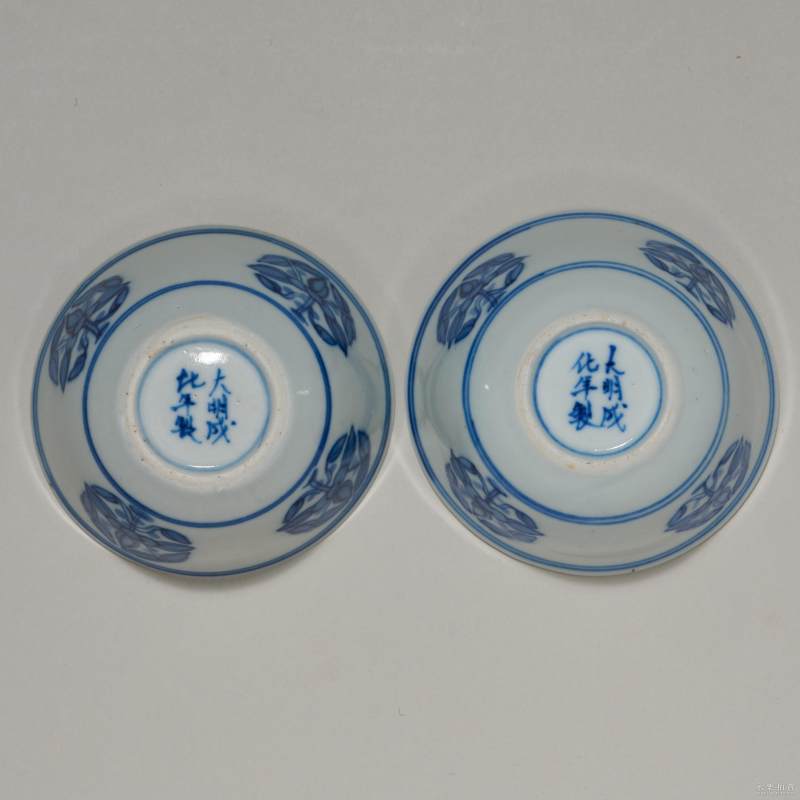 清 青花团花纹卧足杯（一对） - 图5
