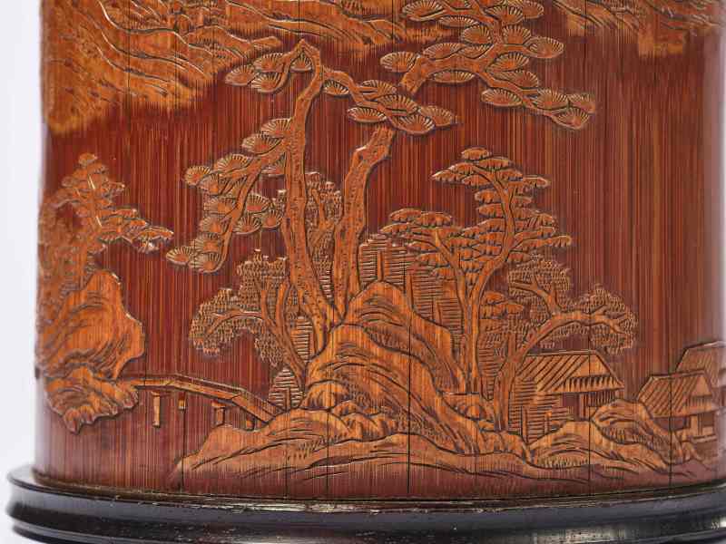 清  牧山款竹留青山水纹笔筒 - 图7