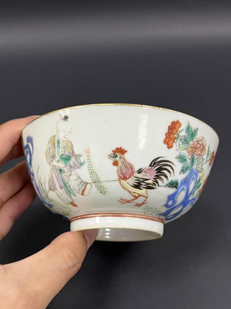 清晚期  粉彩鸡缸诗文碗 - 图5