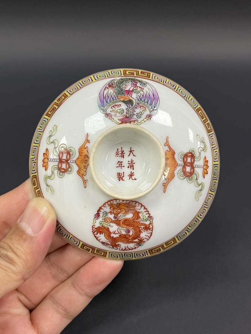 民国  粉彩团龙凤福在眼前盖碗四只 - 图11