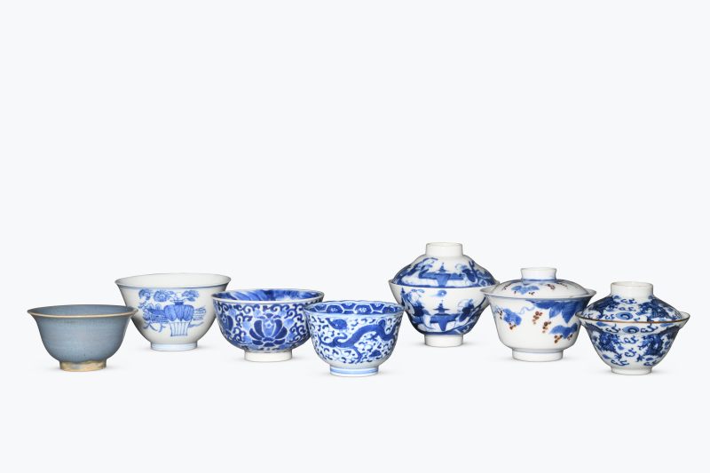 清晚期  青花、青花釉里红、仿钧釉茶碗七件