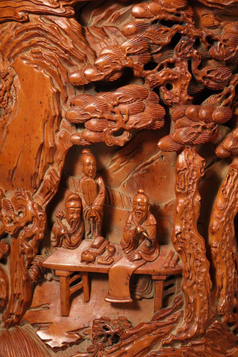 民国  黄杨木雕竹林七贤笔筒 - 图7