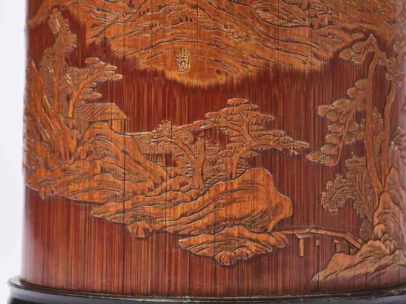 清  牧山款竹留青山水纹笔筒 - 图8