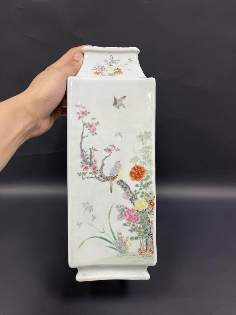 清晚期  粉彩群仙祝寿花鸟纹方瓶 - 图7